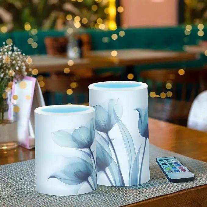 Flickering Flameless Candles, Blue Tulip Flower LED Candles with Remote Timer, Set of 2 Battery Operated Candle for Valentine Wedding Birthday by GreenHaven Gardens
