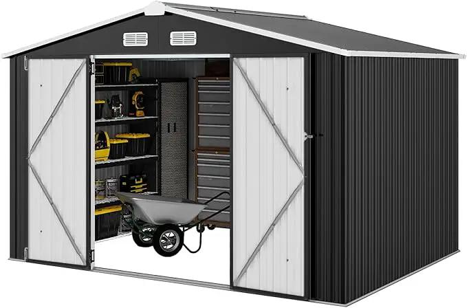 Aoxun 9.4x7.3x6.5 FT Outdoor Storage Shed, Garbage Can, Outdoor Metal Shed for Tool, Garden, Bike, Placed in Patio, Garden (Black) by GreenHaven Gardens