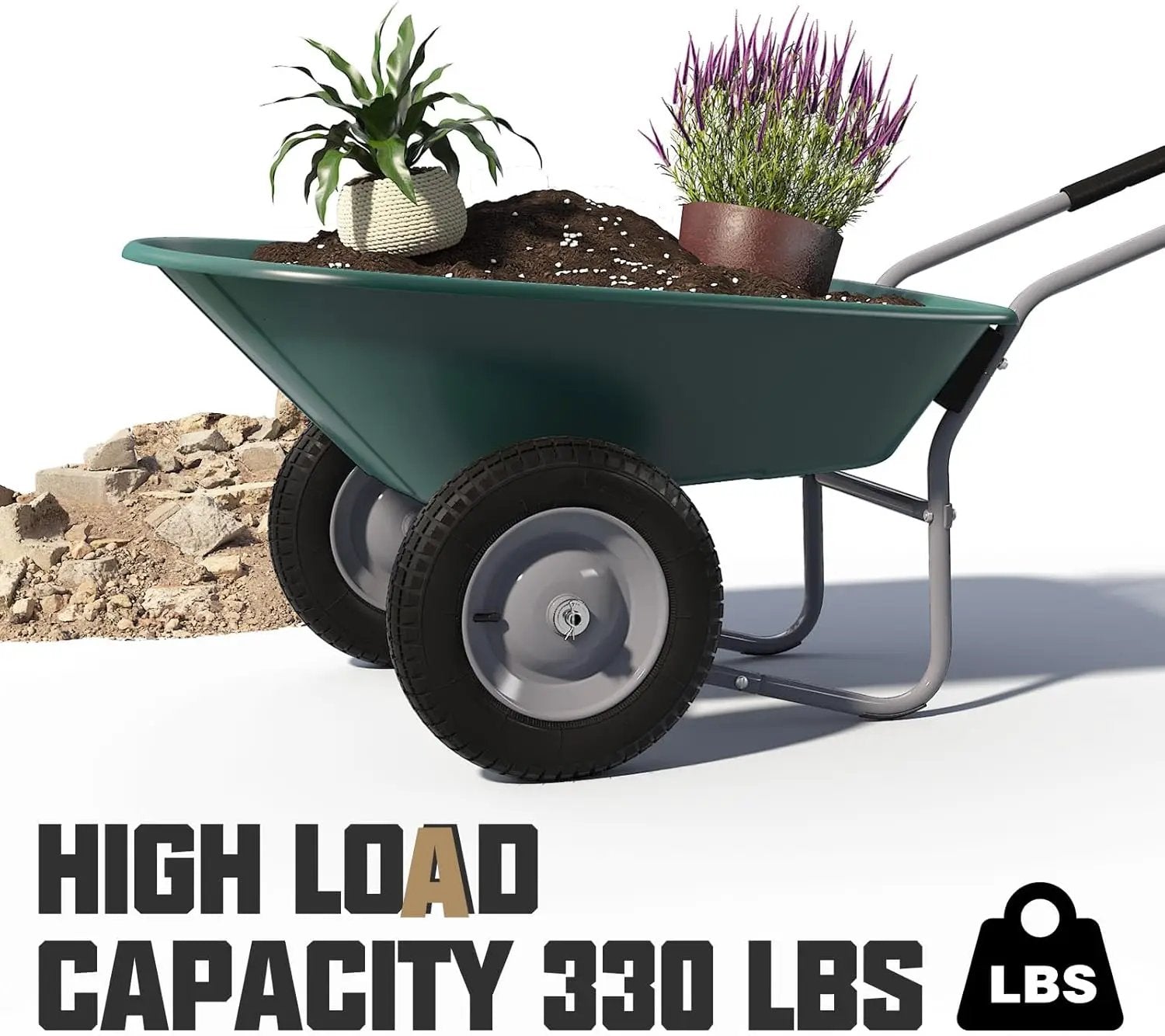 ARNOT Enlarged Dual-Wheel Wheelbarrow, Easy Loading and Dumping Garden Cart, Heavy Duty Utility Dump Cart for Lawn, Yard, Farm, Gardening & Planting, Green by GreenHaven Gardens