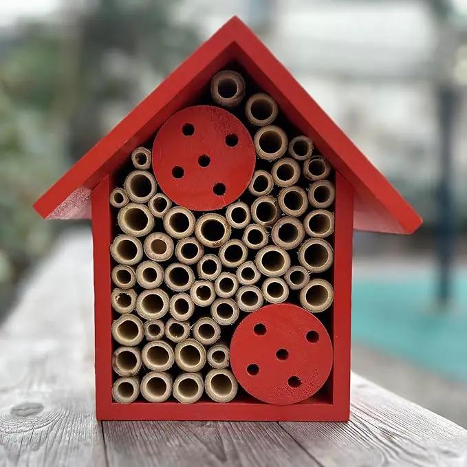 Mason Bee Houses Outdoor Wooden Bee Hotel for Garden and Yard Hand-Made Bamboo Bee Hive for Bees Butterflies and Ladybugs, Medium Size 8"x7.5"x5", Red by GreenHaven Gardens