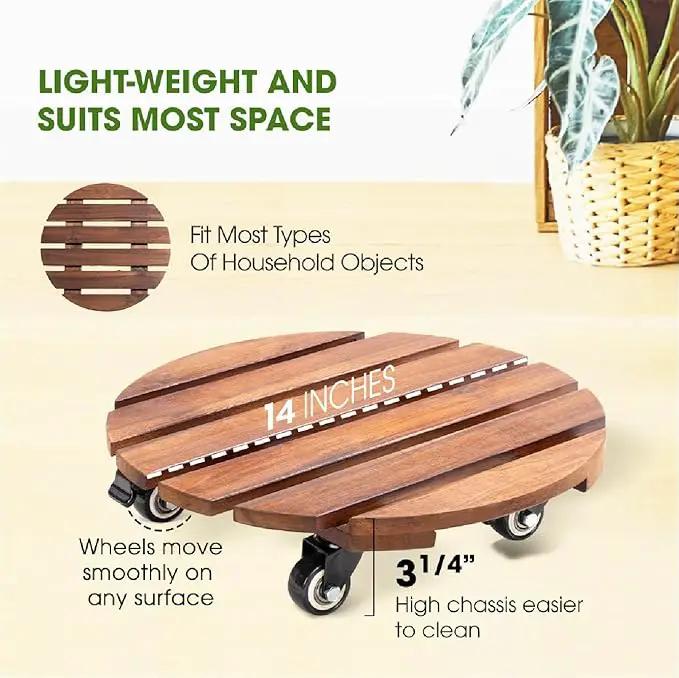 Idzo 2-Pack 14 Inch Acacia Wood Plant Caddy with Wheels – Heavy-Duty Plant Dolly with 264 Lbs Capacity, 360° Lockable Wheels for Large Plant Pots, Heavy Objects, Ideal for Indoor and Outdoor Use by GreenHaven Gardens