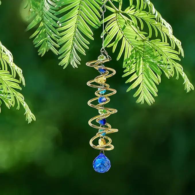FONMY Gazing Ball Spiral Tail -Decorative Wind Spinner Sun Catcher Rainbow Maker Golden Double-Spiral W/Sea Blue Crystal Ball and Chain Crystals Beads for Indoor Outdoor Garden Decoration -14 inch H by GreenHaven Gardens