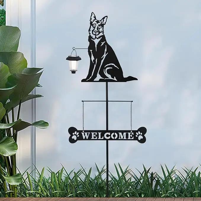 BAYN Solar German Shepherd Silhouette Dog Breed Welcome Sign with a Lantern Outdoor Decorative Garden Stakes for Yard, Lawn, Patio, Pathway by GreenHaven Gardens
