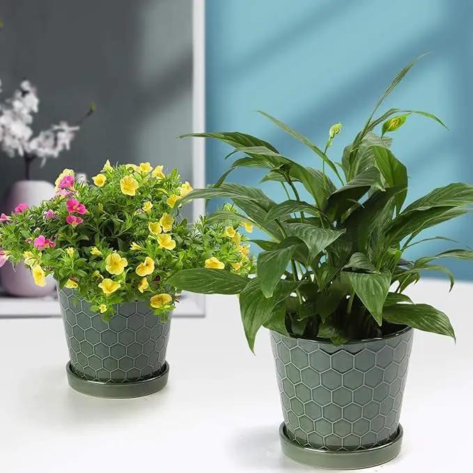 Ceramic Plant Pots,4+5+6 Inch Pots for Indoor Plants,Planters with Drainage Holes and Ceramic Tray, Indoor Flower Pots Gardening Home Desktop Office Windowsill Decoration Gift,Set of 3 (Patina) by GreenHaven Gardens
