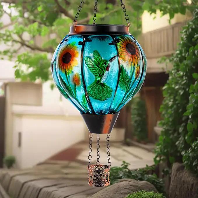 Hummingbird and Sunflower Solar Hot Air Balloon Lantern with Flame, Glass Hot Air Balloon Solar Lantern Outdoor Waterproof, Hanging Solar Lantern for Outside Garden Patio Tree Porch Yard by GreenHaven Gardens