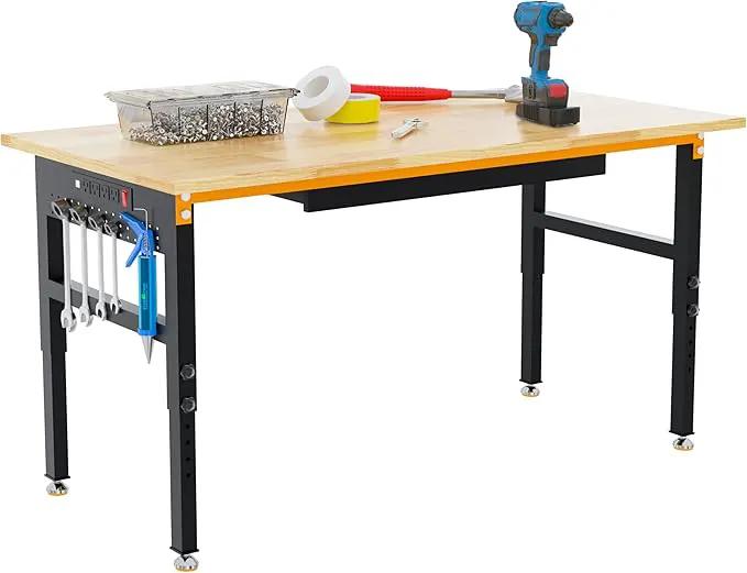 60" Adjustable Height Workbench, 2000 LBS Heavy Duty Work Table with Power Outlets & Pegboard, Rubber Wood Workstation for Garage, Workshop, Office, Home, Commercial by GreenHaven Gardens