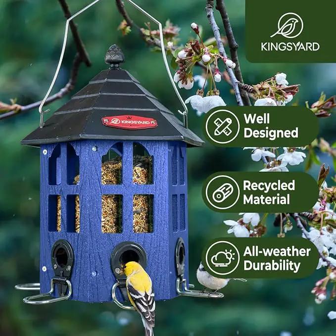 Kingsyard Wild Bird Feeder for Outdoor Hanging, Recycled Plastic Bird Feeders with 6 Ports & U-Shape Perch, Garden Yard Outside Decoration, 3.5 lbs Seed Capacity, Blue by GreenHaven Gardens