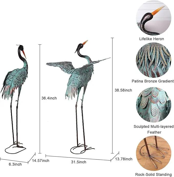 YEAHOME Garden Decor Outdoor Statues, 38"/36" Large Metal Heron Standing Yard Art, Blue Crane Lawn Sculptures Garden Decor for Outside Patio Porch Backyard, Set of 2 by GreenHaven Gardens