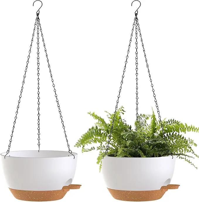 12 Inch Hanging Baskets 2 PC with Chains, Self-Watering Hanging Planters for Indoor Outdoor Plants, Plastic Hanging Flower Pots,White Brown by GreenHaven Gardens
