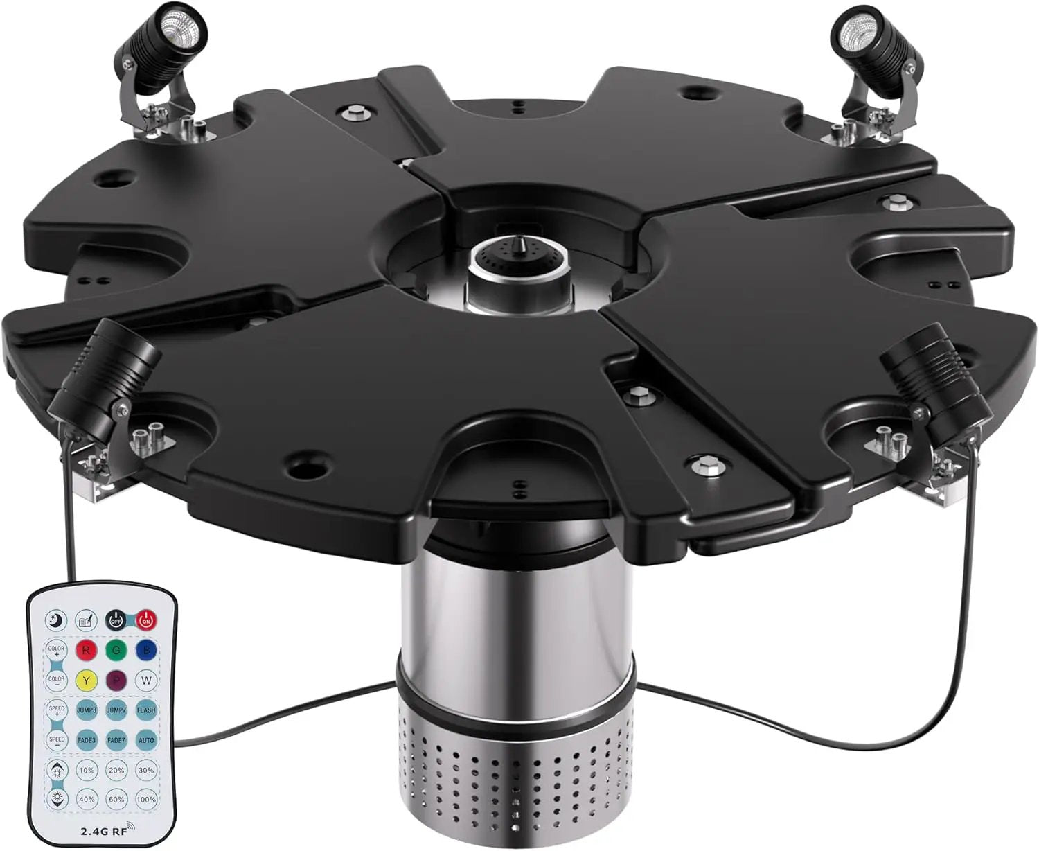 HQUA FS01 120V, 1/2HP, Large Pond Floating Fountain with FSL01 LED RGB Color-Changing Light Sets, 100’ cord, 13000 GPH, Two spray patterns 32'x12' and 18'x6' by GreenHaven Gardens