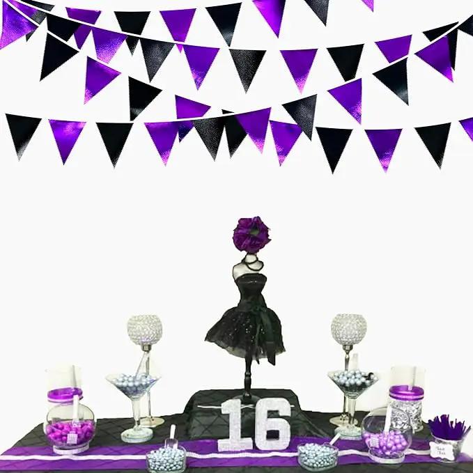 Purple and Black Party Decorations Metallic Fabric Triangle Pennant Banner Flag Bunting Garland for Graduations Birthday Retirement Wedding Baby Shower Bachelorette Halloween Outdoor Party Supplies by GreenHaven Gardens