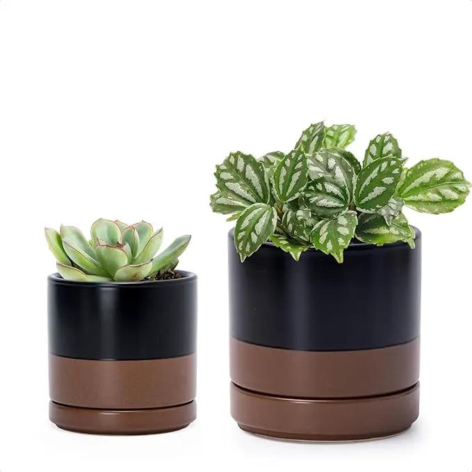 D'vine Dev 3.5 Inch & 4.7 Inch Ceramic Planter Pots for Plants with Drainage Hole and Saucer, X-Small Plant Pots Set, Black/Speckled Tan, 94-G-XS-7 by GreenHaven Gardens