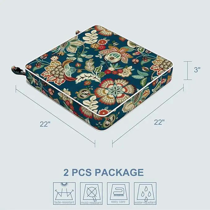 LVTXIII Patio Chair Cushions 22"x22"x3", Water-Repellent Outdoor Seat Cushions for Patio Furniture, Square Chair Pads with Ties for Home Garden Decoration, Set of 2, Peacock Blue by GreenHaven Gardens