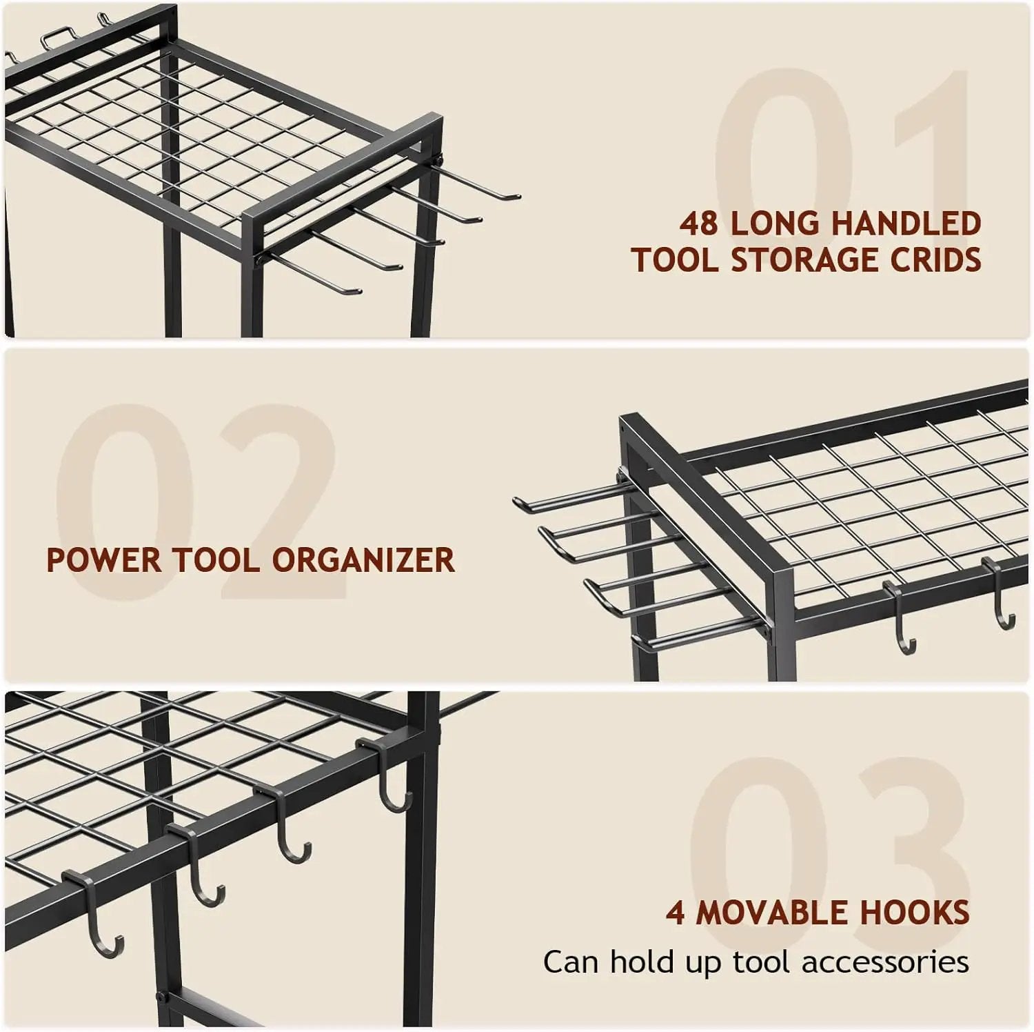 Garden Garage Tool Organizer - Yard Tool Organizer for Garage with 4 Hooks, Heavy duty Steel Garden Tool Rack Holds up to 48 Long Handled Yard tools for Storage by GreenHaven Gardens