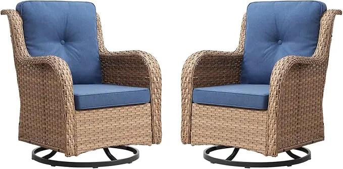 Outdoor Patio Swivel Rocker Chairs - Wicker Rattan Patio Swivel Rocking Chairs Set of 2 with High Back,Deep Seating and Comfort Cushions for Deck Porch Garden,Yellow/Blue by GreenHaven Gardens