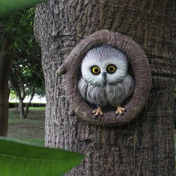 Owl Tree Hugger Whimsical Tree Sculpture Garden Statues Outdoor Tree Face Decor Garden Peeker Yard Art Decorations (Singel Owl) by GreenHaven Gardens