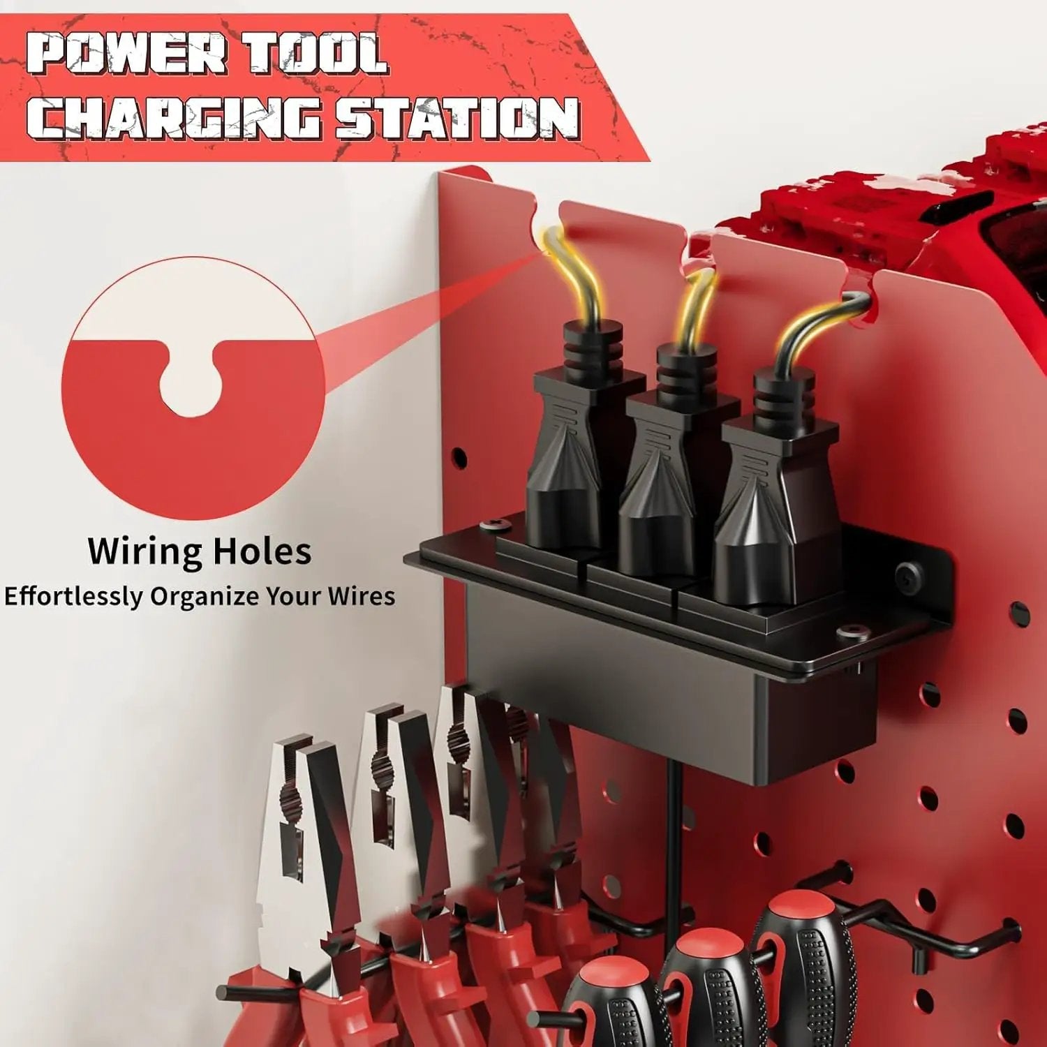 Power Tool Organizer with Charging Station Wall Mount, 3 Layer Expanded Heavy Duty Garage Organization, 45.5 Inch Length Garage Tool Storage, 8 Drills, 2 Assemble Method, Red by GreenHaven Gardens