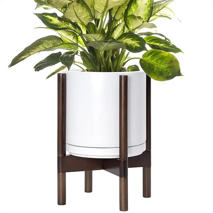 D'vine Dev Ceramic Planter with Walnut Color Stand - 10 Inch Modern Round Flower Pot with Wood Planter Holder, White, 55-B-X-1 by GreenHaven Gardens