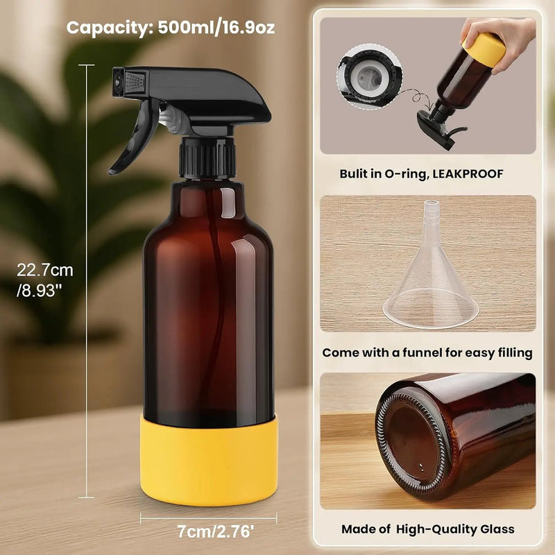 Glass Spray Bottles with Silicone Sleeve 16.9oz 2 Pack Empty Spray Bottle for Hair Mist/Stream Spraying for Cleaning Solutions, Plants, Essential Oils (Brown-green&yellow) by GreenHaven Gardens