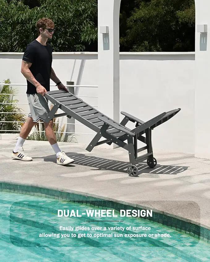 Lounge Chair Outdoor Set of 2, HDPE Chaise Lounge Outdoor with 6-Position & Wheels &Cup Holder, Pool Lounge Chair for Pool Poolside Deck Backyard Patio, Grey by GreenHaven Gardens