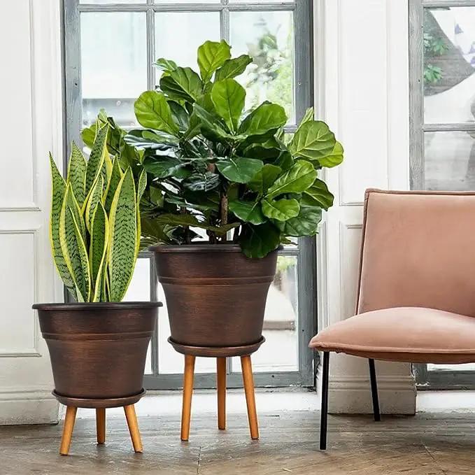 Plant Planters Pots Set of 4 Pack 13 Inch，Large Plastic Flower Pot for Indoor Plants with Drainage Holes & Trays, Resin Decorative Container Sets with Saucer for House Outdoor Garden Plant Copper by GreenHaven Gardens