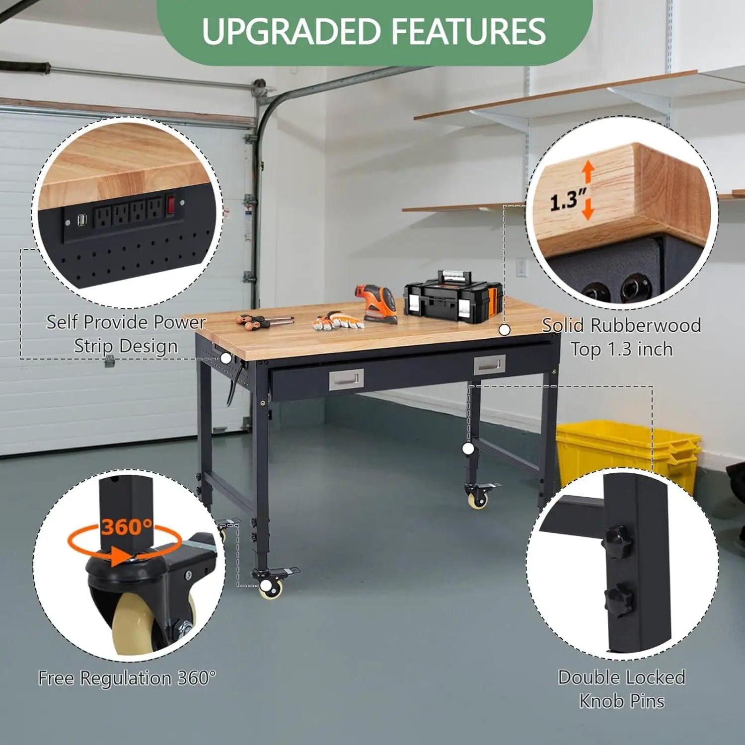 48'' Adjustable Workbench, Heavy Duty Workbench with Drawer, Power Outlet and Lockable Wheels, 2000 LBS Capacity, Work Table Suitable for Office, Garage, Workshop by GreenHaven Gardens