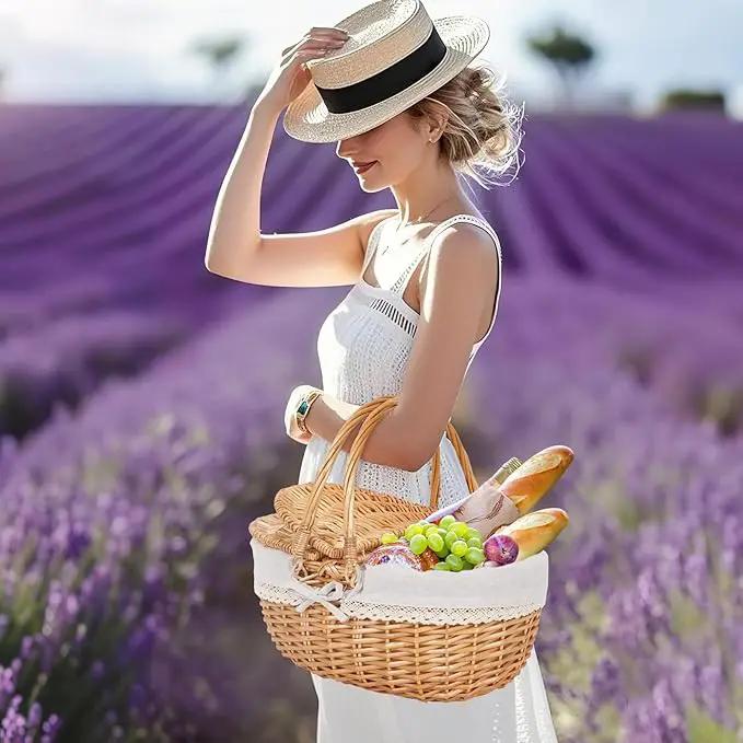 Happypicnic Wicker Picnic Basket with Handle, 15" Large Empty Picnic Basket with Lid & Removable Liner, Vintage Hand Woven Basket for Picnics, Camping, Veg Picking, Mother'S Day, Thanksgiving (Stripe) by GreenHaven Gardens