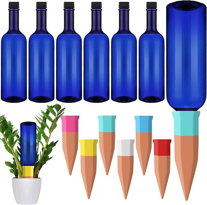 6 Sets Plant Watering Devices Include Terracotta Self Watering Spikes and 26 oz Plastic Bottles, Slow Release Vacation Insert Automatic Plant Waterer Device (Blue and Mixed Color) by GreenHaven Gardens