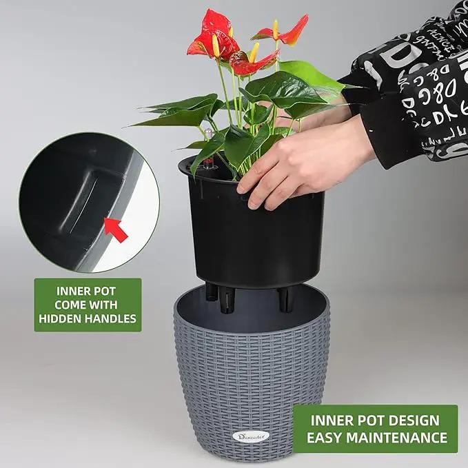 Dexceder 9x8 Inches Rattan Self Watering Planter Indoor Outdoor, Inner Pot Design, Thickened Table Flower Plant Pot with Water Level Indicator (Deep Gray) by GreenHaven Gardens