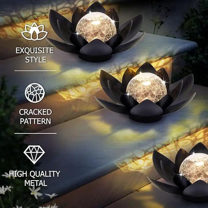 Huaxu Solar Lights Outdoor Garden Decor Metal Black Lotus Decoration, Crackle Globe Glass Waterproof LED Outside Table Lamp for Patio,Lawn, Yard,Walkway,Tabletop,Ground Gifts for Mom by GreenHaven Gardens