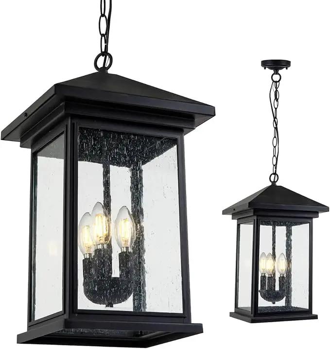 Classic Outdoor Hanging Lantern – Weather-Resistant, Stylish, Matte Black Finish, Clear Seeded Glass and Functional, Extra Large Size by GreenHaven Gardens