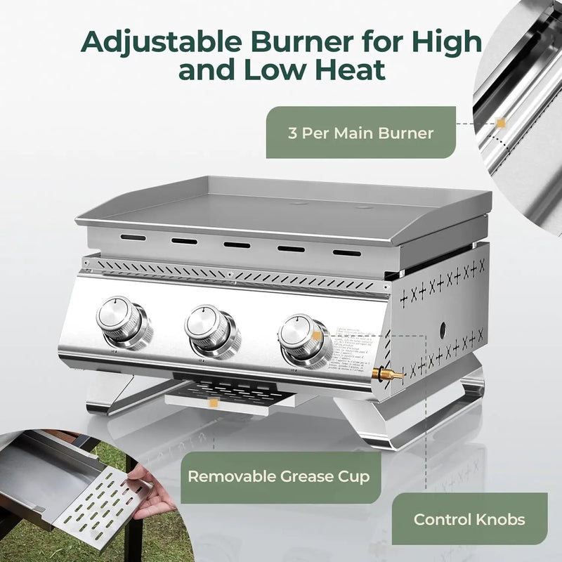 R.W.FLAME 3-Burner Tabletop Propane Gas Grill Stainless Steel Portable Outdoor Griddle,24,000 BTU Compact Flat Top Camping BBQ Grill,347 Sq. In. Cooking Area by GreenHaven Gardens