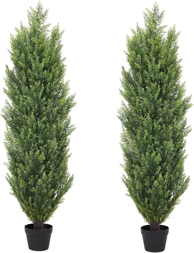 THE BLOOM TIMES 4ft Topiary Trees Artificial Outdoor 2 Pack – UV Resistant Faux Cedar Pine Cypress Bushes and Shrubs, Fake Potted Plants for Front Porch Outside Planter Patio Decor, Set of 2 (4 Foot) by GreenHaven Gardens