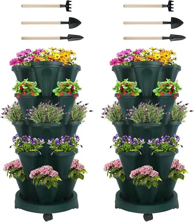 Vertical Planter 5 Tier Stackable Planters Garden Planters Strawberry Herb Flower and Vegetable Planter Indoor Outdoor Gardening Pots with Removable Wheels and Tools 2-Pack by GreenHaven Gardens