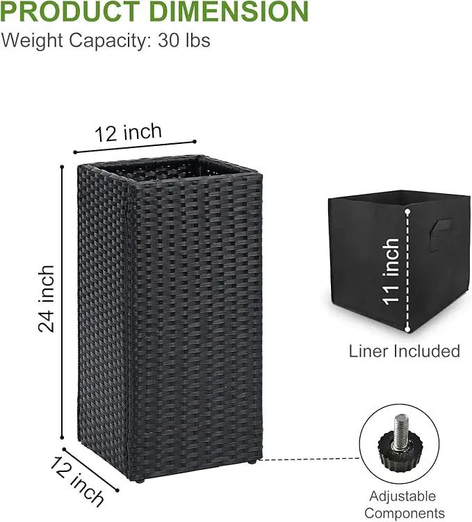 LEWIS&WAYNE Set of 2 Tall Planters for Outdoor Plants Handmade 24'' Wicker Tall Square Planter Box with Removable Liners Modern Planter for Indoor Outdoor Garden Patio Front Porch - Black by GreenHaven Gardens