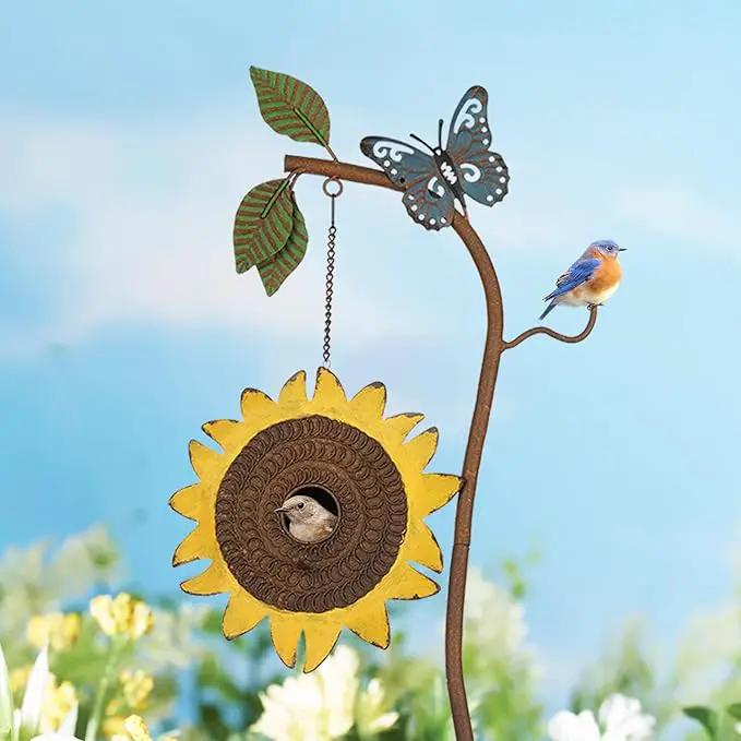 BAYN 57” Bird Houses Stake for Outside, Metal Wild Bird Feeder Birdhouse Stake Pole with Sunflower Design Outdoor Decorations for Patio, Backyard, Garden by GreenHaven Gardens