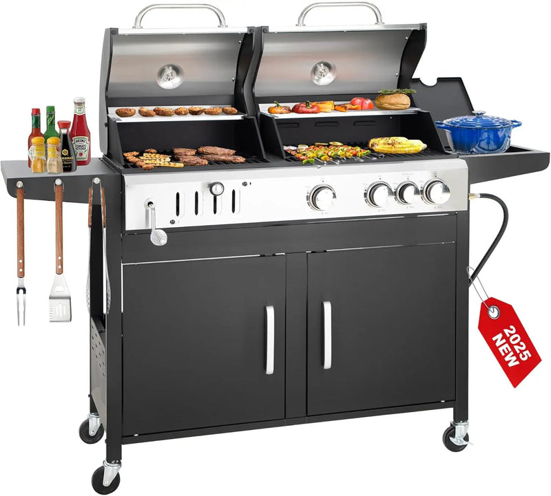 3 Burner Propane Gas and Charcoal Grill Combo with Side Burner & Porcelain-Enameled Cast Iron Grates, 37,000 BTUs 685 SQIN Dual Fuel Outdoor BBQ Grill for Patio Garden Picnic Backyard Barbecue Cooking by GreenHaven Gardens