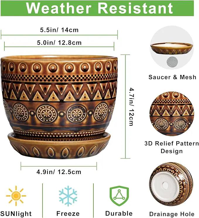 G EPGardening Ceramic Pot for Plants 5.5 Inch - Ceramic Plant Pot with Drainage Hole and Saucer, Boho Round Planter for Indoor Outdoor Plants, Plant Lover Gifts, Office Garden House Decor, Brown by GreenHaven Gardens