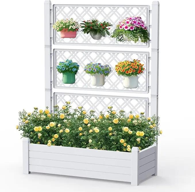 59.3in Planter Box Trellis, Large Outdoor Plastic Raised Garden Bed with Drain Plug for Climbing Plants(Ashen,43.43 * 18.27 * 59.29) by GreenHaven Gardens