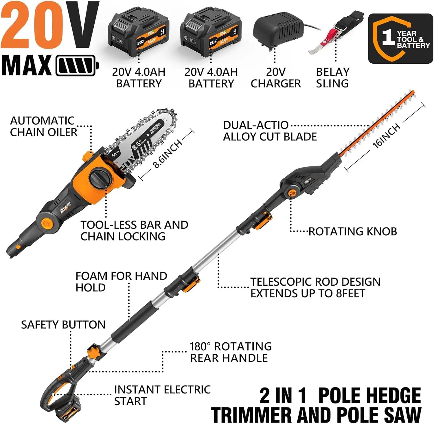 Alloyman 2-in-1 Telescoping Cordless Pole Hedge Trimmer 16-Inch and Pole Saw 8.6-Inch,with 2 Packs 4.0Ah Batteries & Charger,for Tree Trimming and Shrubs Pruning by GreenHaven Gardens