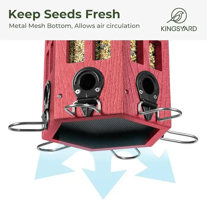 Kingsyard Wild Bird Feeder for Outdoor Hanging, Recycled Plastic Bird Feeders with 6 Ports & U-Shape Perch, Garden Yard Outside Decoration, 3.5 lbs Seed Capacity, Red by GreenHaven Gardens