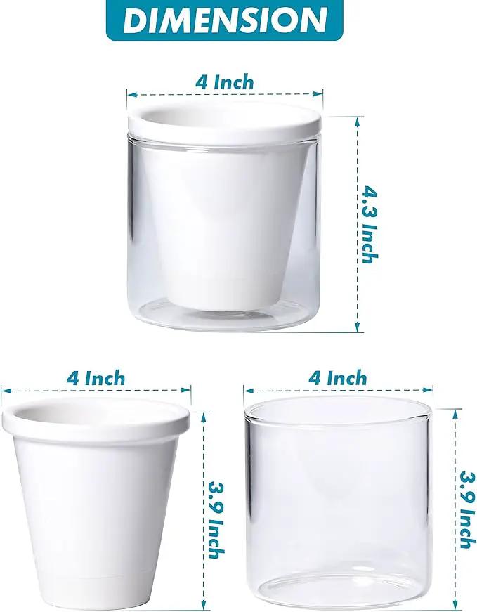D'vine Dev 4 Inch Design Self Watering Planter for Indoor Plants, White Terracotta Pots with Cylinder Glass Cup, 37-X-A-2 by GreenHaven Gardens