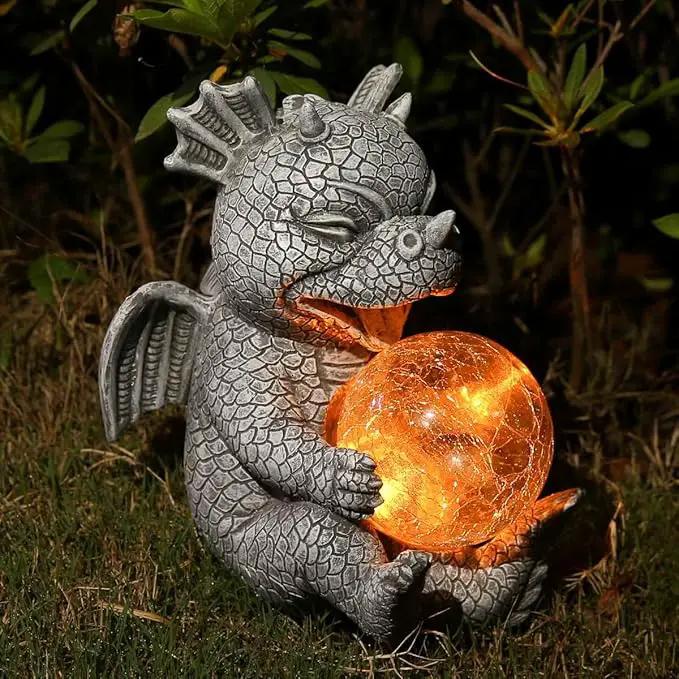 Solar Powered Dragon LED Light Garden Statue Outdoor Decorative Sculpture with Crackle Glass Ball Waterproof Yard Art Decor for Patio Lawn by GreenHaven Gardens