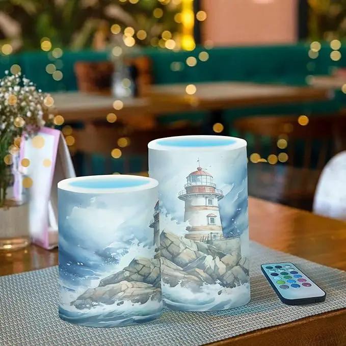 Flickering Flameless Candles, Lighthouse Ocean LED Candles with Remote Timer, Set of 2 Battery Operated Candle for Valentine Wedding Birthday by GreenHaven Gardens