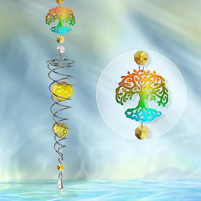 FONMY Tree of Life Gazing Ball Spiral Wind Spinner Sun Catcher Rainbow Maker Silver Spiral W/Golden K9 Crystal Ball Tree Hanging Ornament Indoor Outdoor Garden Decor. 19.5inch H by GreenHaven Gardens