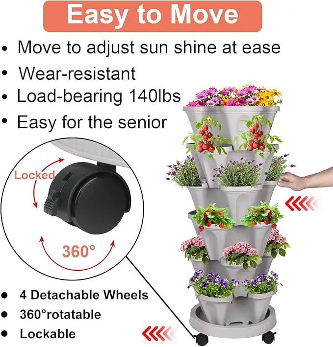 Vertical Planter 6 Tier Stackable Planters Garden Planters Strawberry Herb Flower and Vegetable Planter Indoor Outdoor Gardening Pots with Removable Wheels and Tools by GreenHaven Gardens