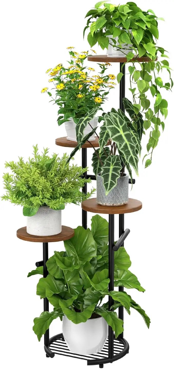 TOSKING 5 Tier Metal Plant Stand Indoor， Plant Shelf, Corner Shelf Flower Pot Stand for Outdoor Plant Stand for Living Room Balcony Garden Patio Bedroom (Black and Brown, 42in) by GreenHaven Gardens