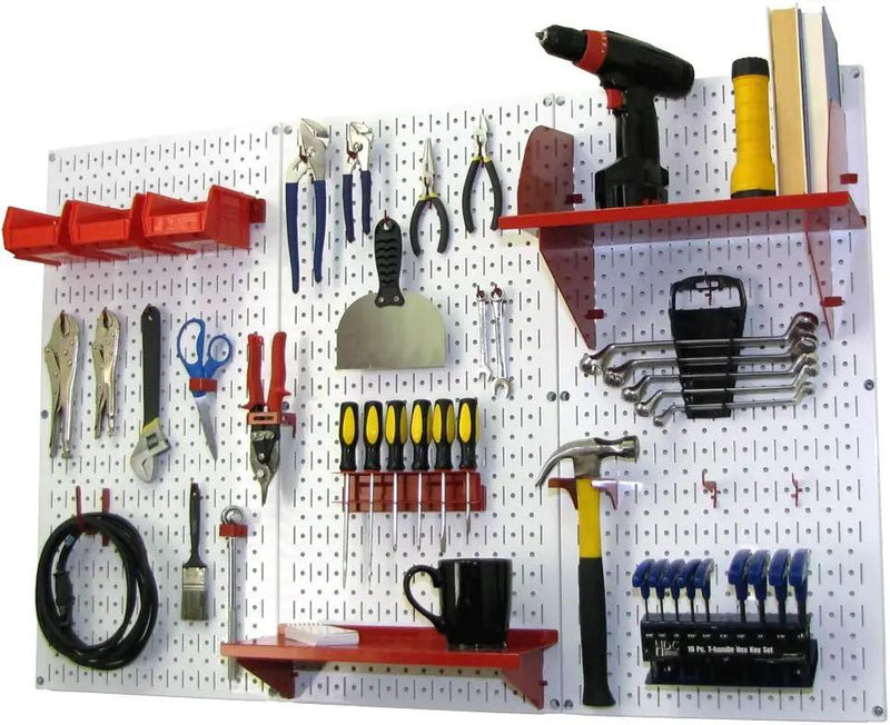 Wall Control Pegboard Organizer 4 ft. Metal Pegboard Standard Tool Storage Kit with White Toolboard and Red Accessories by GreenHaven Gardens