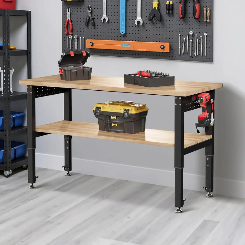 Albott 48" Adjustable 2-Tier Workbench with Solid Wood Top, Max 2000lbs Capacity, Built-in Power Strip with 4 AC Outlets & 2 USB Ports, Pegboard & 20 Hooks, Shop Garage Office by GreenHaven Gardens