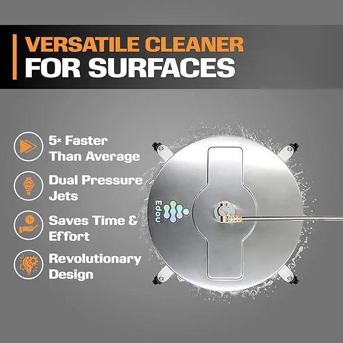 EDOU 18 inch Pressure Washer Surface Cleaner - Stainless Steel Power Washer Attachment - 4,000 PSI Max - Concrete Cleaner with Dual Nozzles and Extension Wands - Silver by GreenHaven Gardens